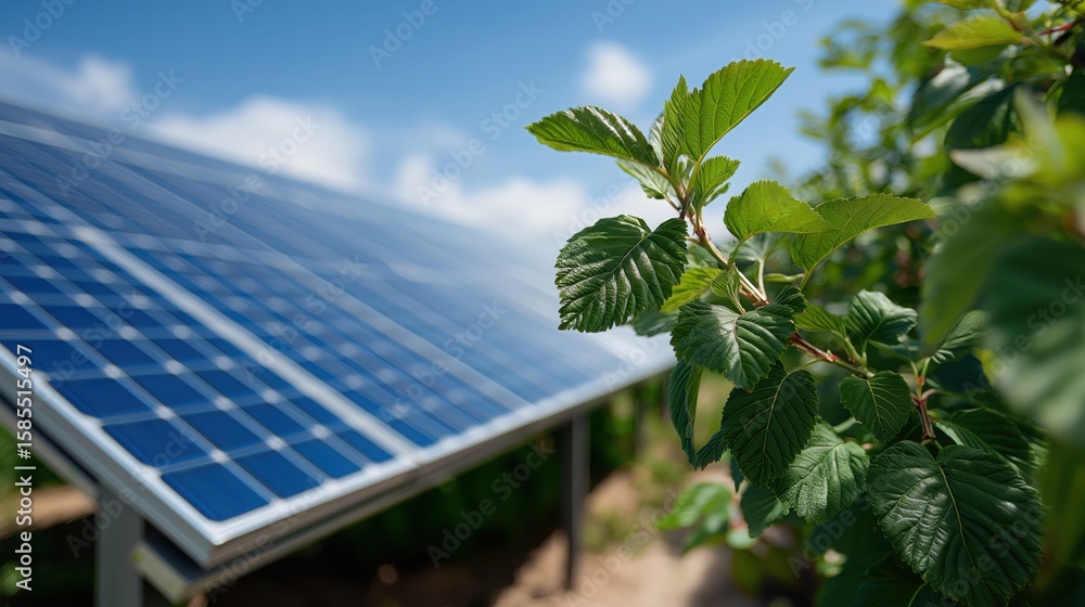 Fototapeta premium Green leaves growing near solar panels symbolizing sustainable energy and environmental conservation