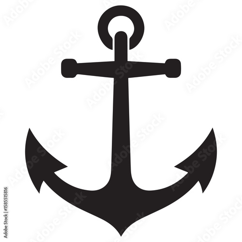 A classic black nautical anchor symbol with a ring at the top and two flukes at the bottom isolated on a white background