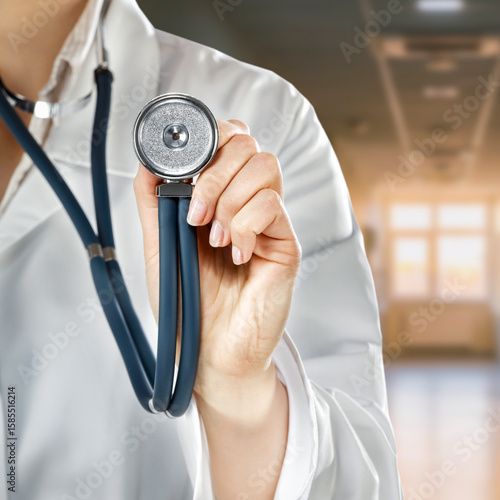 Close-up of doctor in white medical coat with stethoscope, cropped professional figure representing medicine, health care, regular check-ups, prevention and medical diagnostics concept.