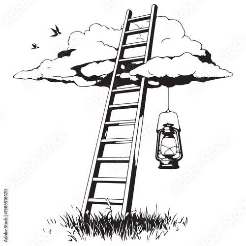 A conceptual black and white illustration of a ladder reaching towards clouds with a lantern hanging nearby and birds flying