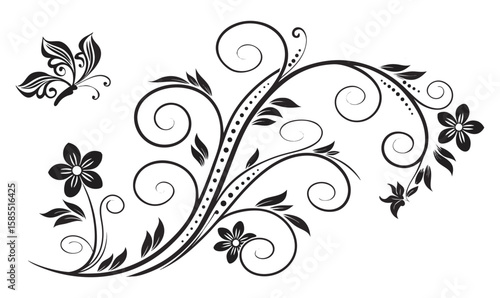 "Black Floral Vector with Butterfly Elegant Decorative Swirl Design"