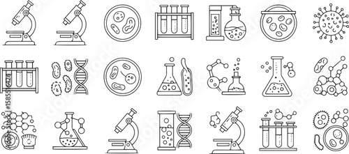 Collection of scientific laboratory equipment and biological elements icons