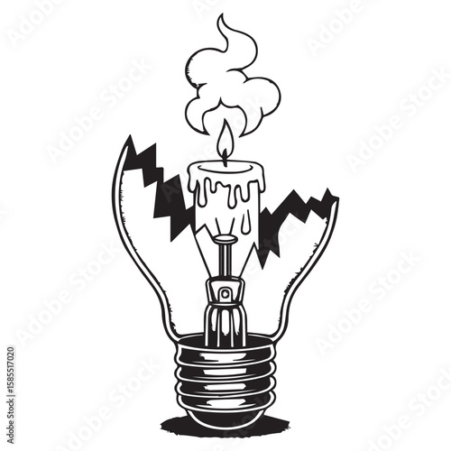 A lit candle with dripping wax burns inside a broken light bulb with jagged edges and a smoky flame