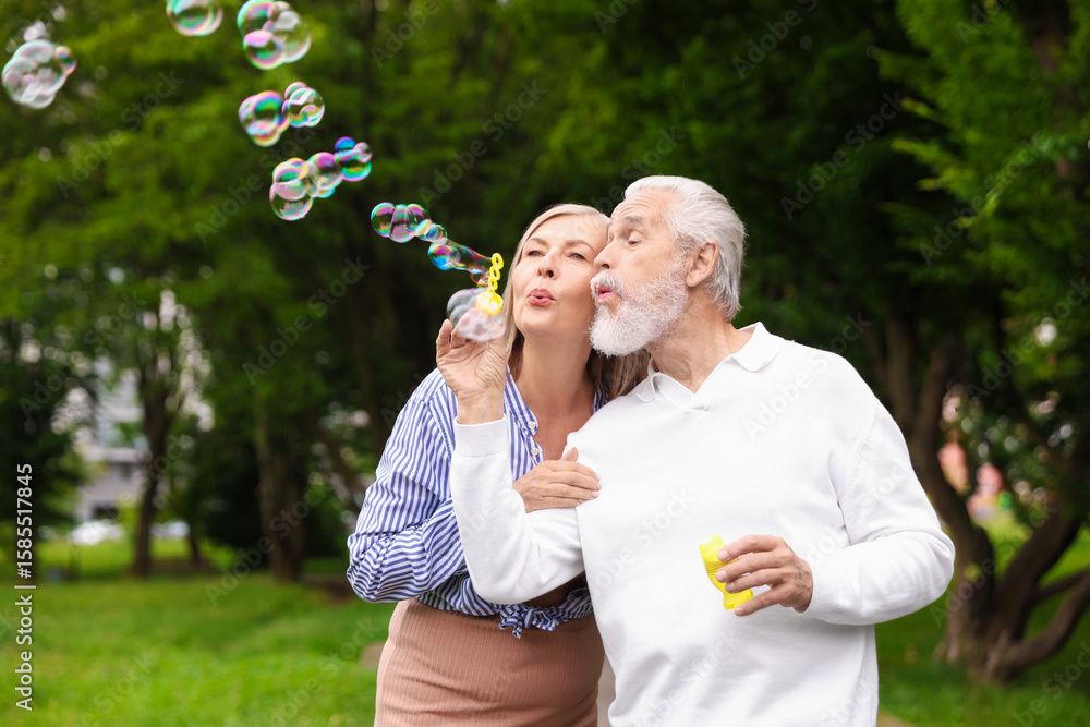 Fototapeta premium Lovely senior couple having fun with soap bubbles in park, space for text