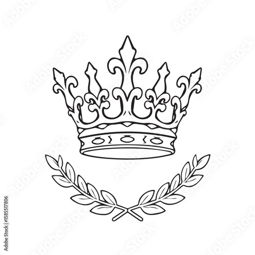Crown and Laurel: An intricately designed illustration of a royal crown above crossed laurel branches, embodying a sense of power and victory.