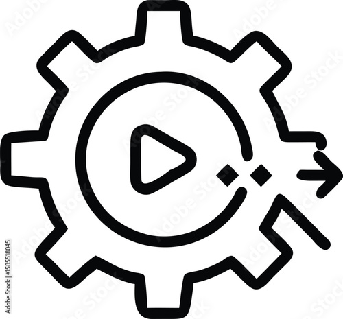 Gear play button line icon, process automation, workflow, and configuration