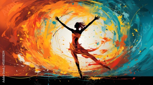 Silhouette of a dancing woman with colorful, abstract background.