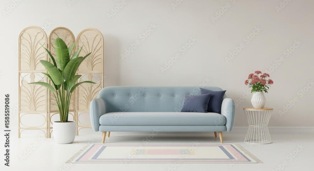 Cozy living room featuring a light blue sofa, decorative plants, and a stylish side table with flowers Cozy living room featuring a light blue sofa, decorative plants, and a stylish side table with flowers