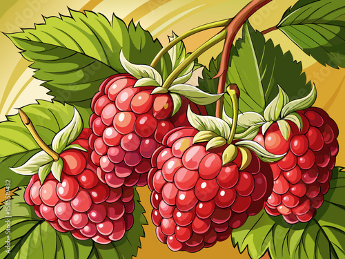 vector of Close-up of ripe red raspberries on the vine.