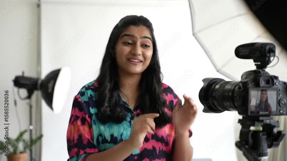 Young woman talking in front of camera in studio with lighting equipment