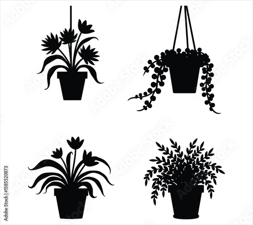 Flowering Plant Pot Silhouettes in Solid Black