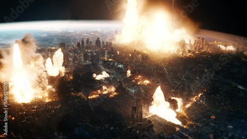 Disaster Footage of Cities Destroyed by Nuclear Missiles. Nuclear War Related AI Concept.