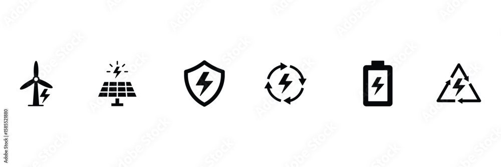 Obraz premium Electric power symbol. Power energy sign. Vector glyph pictograms of lightning bolt, battery, plug, solar panel, wind turbine, power, renewable energy, electrical safety black silhouette illustration.