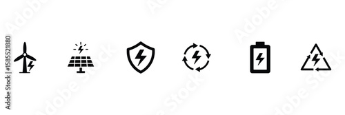 Electric power symbol. Power energy sign. Vector glyph pictograms of lightning bolt, battery, plug, solar panel, wind turbine, power, renewable energy, electrical safety black silhouette illustration.