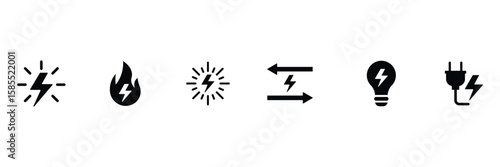 Electric power symbol. Power energy sign. Vector glyph pictograms of lightning bolt, battery, plug, solar panel, wind turbine, power, renewable energy, electrical safety black silhouette illustration.