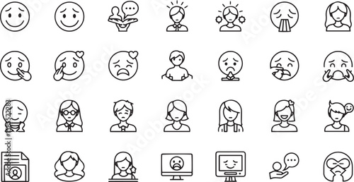 Collection of diverse emotion and human face outline icons for communication and feedback