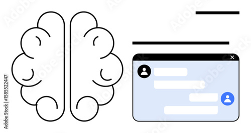 Brain contour beside a chat window displaying messages suggests artificial intelligence, chatbot functionality, and digital interaction. Ideal for AI, technology, communication, problem-solving