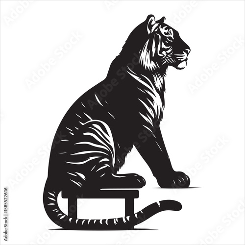 siting tiger face Silhouette Vector Art, and Graphic, vector black color silhouette , solated white background 