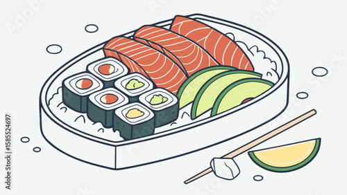 Delicious japanese sushi bento box with salmon avocado and maki rolls illustration for food lovers