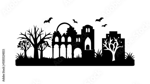 Silhouette of haunted ruins with bats flying and trees vector design for halloween and spooky themes