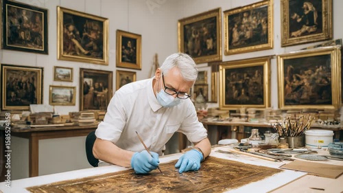 Senior art conservator restoring antique painting in museum studio surrounded by classical framed artworks