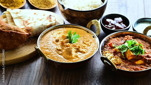 Composition with indian dishes: madras paneer, palak paneer and shahi paneer with basmati rice served in original indian karahi pots
