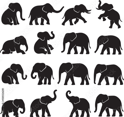 A pack of 20 elephant silhouettes in different poses like walking, playing, and sitting. Great for wildlife art, safari themes, and minimal animal vectors.