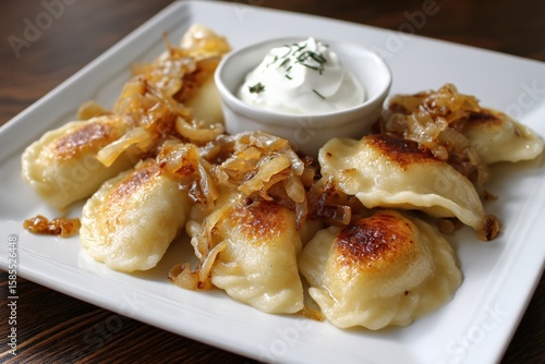 Delicious homemade pierogi served with caramelized onions and sour cream in a cozy dining setting