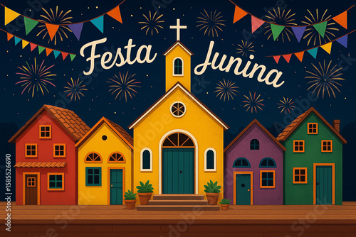 Vibrant illustration of Festa Junina: nighttime scene with church, traditional houses, and fireworks. Perfect for Brazilian cultural themes.