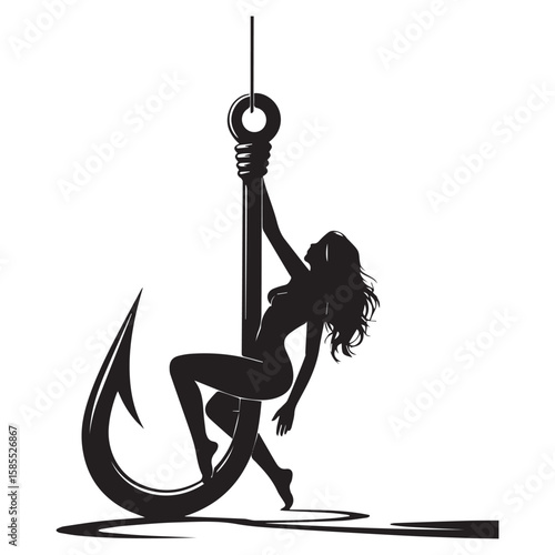 Silhouette of a woman hanging from a fishing hook with a sharp pointed barb and a string