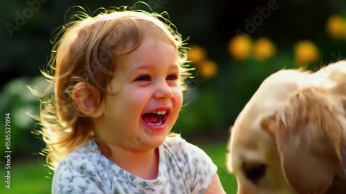A heartwarming close up of a laughing toddler girl playing with her gentle golden retriever dog outdoors
