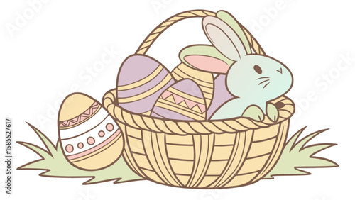 Easter bunny and easter eggs in a basket for easter holiday spring celebration illustration vector image