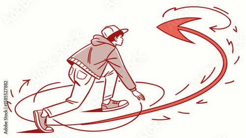 Illustration of a person spinning with an arrow showing direction and movement for graphic design projects