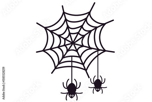 Cute Spider Web with Hanging Spiders Halloween Illustration