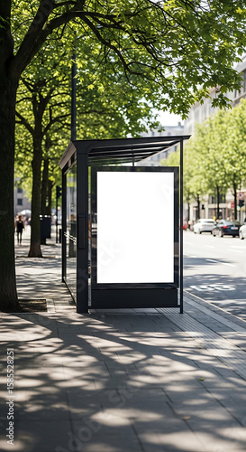 Empty bus stop advertising space on sidewalk with lush green trees and sunshine