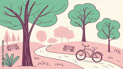 Park scene illustration vector graphic with bicycle benches and trees for outdoor recreational activities