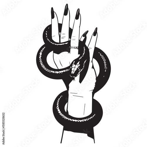 Stylized black and white illustration of a woman s hand with black nail polish coiled by a serpent