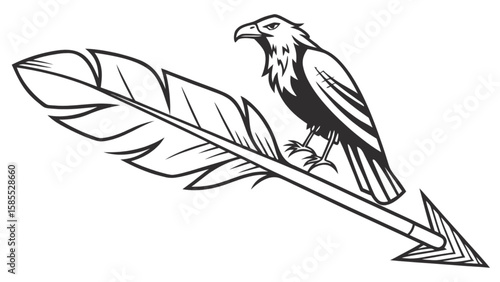 Eagle perched on feather arrow vector illustration black and white line art drawing clip art design element