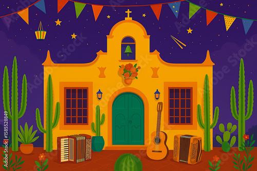 A vibrant yellow church decorated for the Feast of Saint John at night, with cacti, musical instruments, and streamers. A Northeastern tradition.