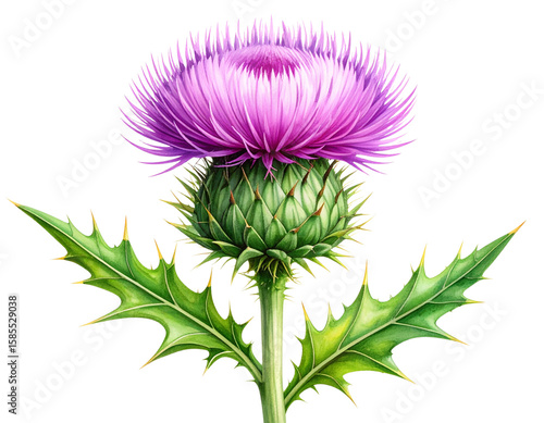  Single Scottish Thistle Flower with Long Stem, Botanical Illustration Style, isolated on transparent background