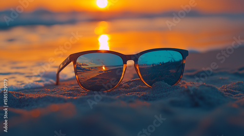 Wallpaper Mural Sunglasses lying on the sand reflect the bright orange sunset. The mirrored lenses enhance the warmth and serenity of the beach landscape. Torontodigital.ca