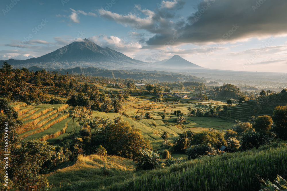 Obraz premium breathtaking view of balis lush landscape showcasing vibrant green rice terraces cascading down hillsides with