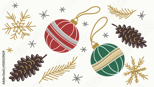 Christmas ornaments holiday decoration vector design featuring pine cones and snowflakes for festive season 100