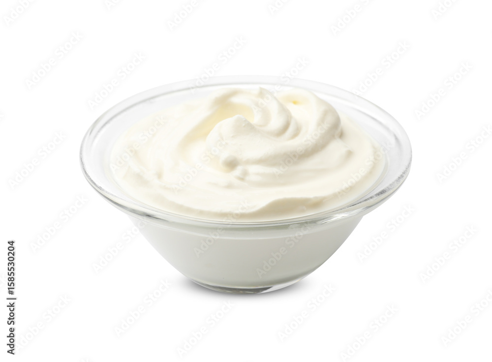 Tasty sour cream in bowl isolated on white Tasty sour cream in bowl isolated on white