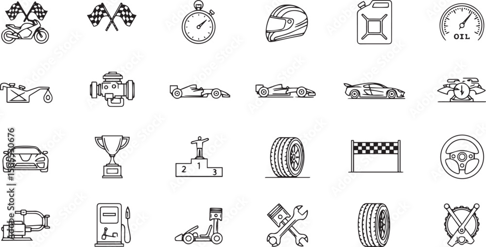 Obraz premium Collection of racing and automotive icons in a grid format with a clean outline style