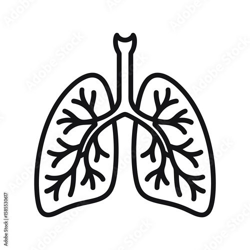 Stylized black and white outline illustration of human lungs and trachea