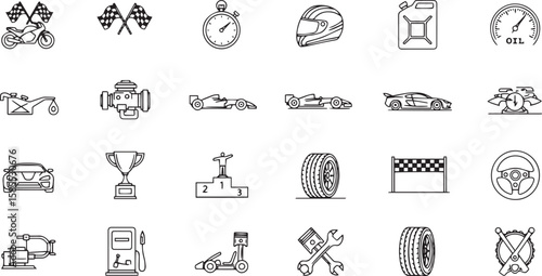 Collection of racing and automotive icons in a grid format with a clean outline style