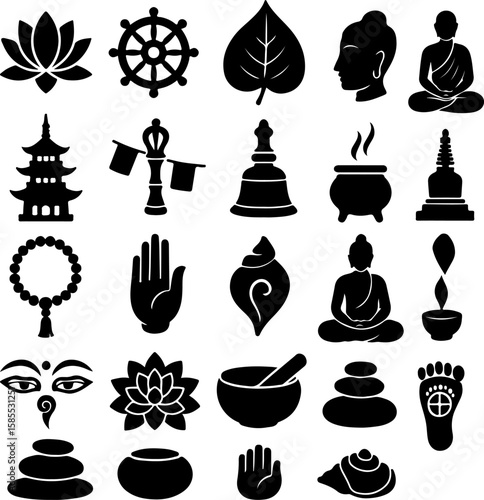 Collection of buddhist symbols and spiritual icons including lotus flowers dharma wheel buddha statues pagodas prayer beads incense burner and meditation stones