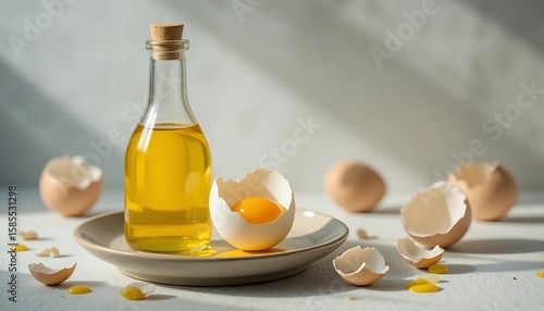 Natural Egg Oil in Glass Bottle on Plate with Eggshells: Homemade Hair or Beauty Treatment Ingredients