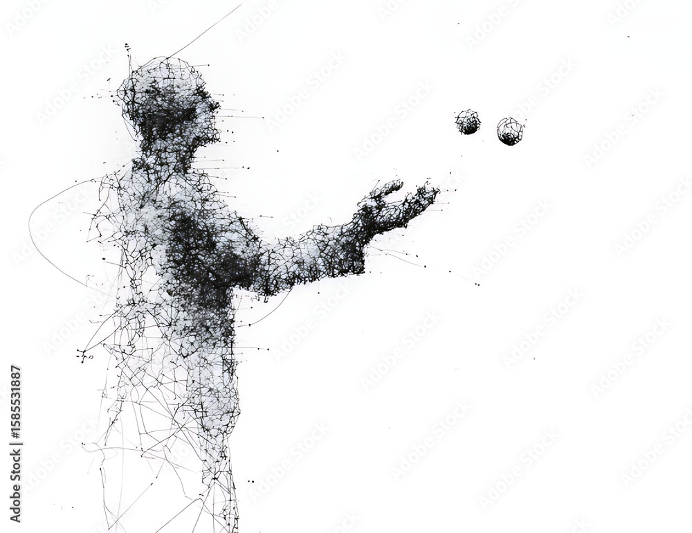 Obraz premium Abstract Illustration of a Person Fishing for Abstract Clouds, A minimalist, abstract illustration depicts a person fishing for a cloud-like form.